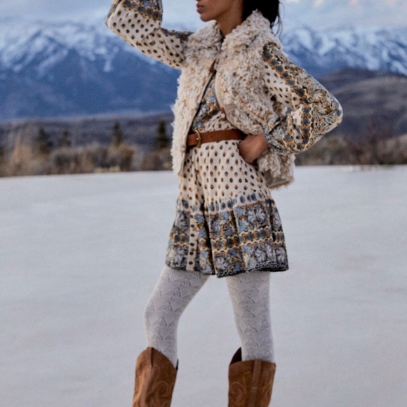 Anthropologie Floral Embroidered Long Sleeves Cream Silver Mini Shirt Dress XS - Picture 5 of 6